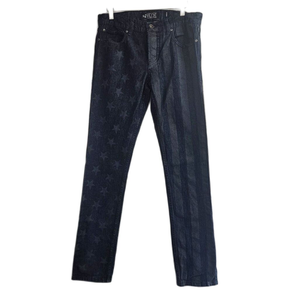 XXX RUDE Denim 32X32 American Flag Skinnies Blue on Blue/Gray Dark Wash Stretch
